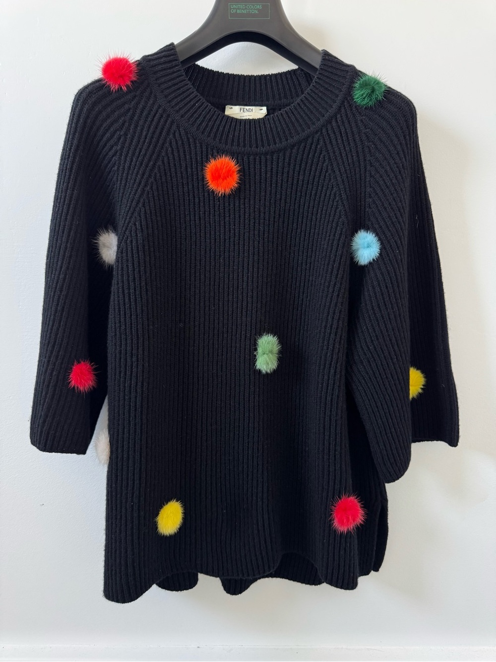 Fendi Black Crewneck Sweater with Multicolor Fur Pom Accents